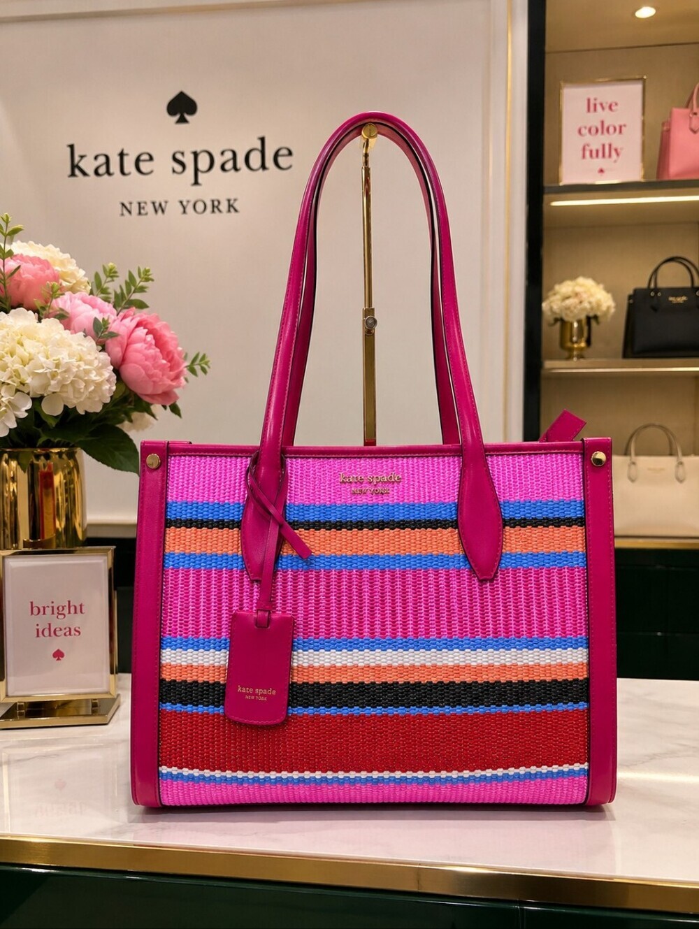 kate spade Nww York Market Pink Multi Striped Woven Tote Bag Nwt
